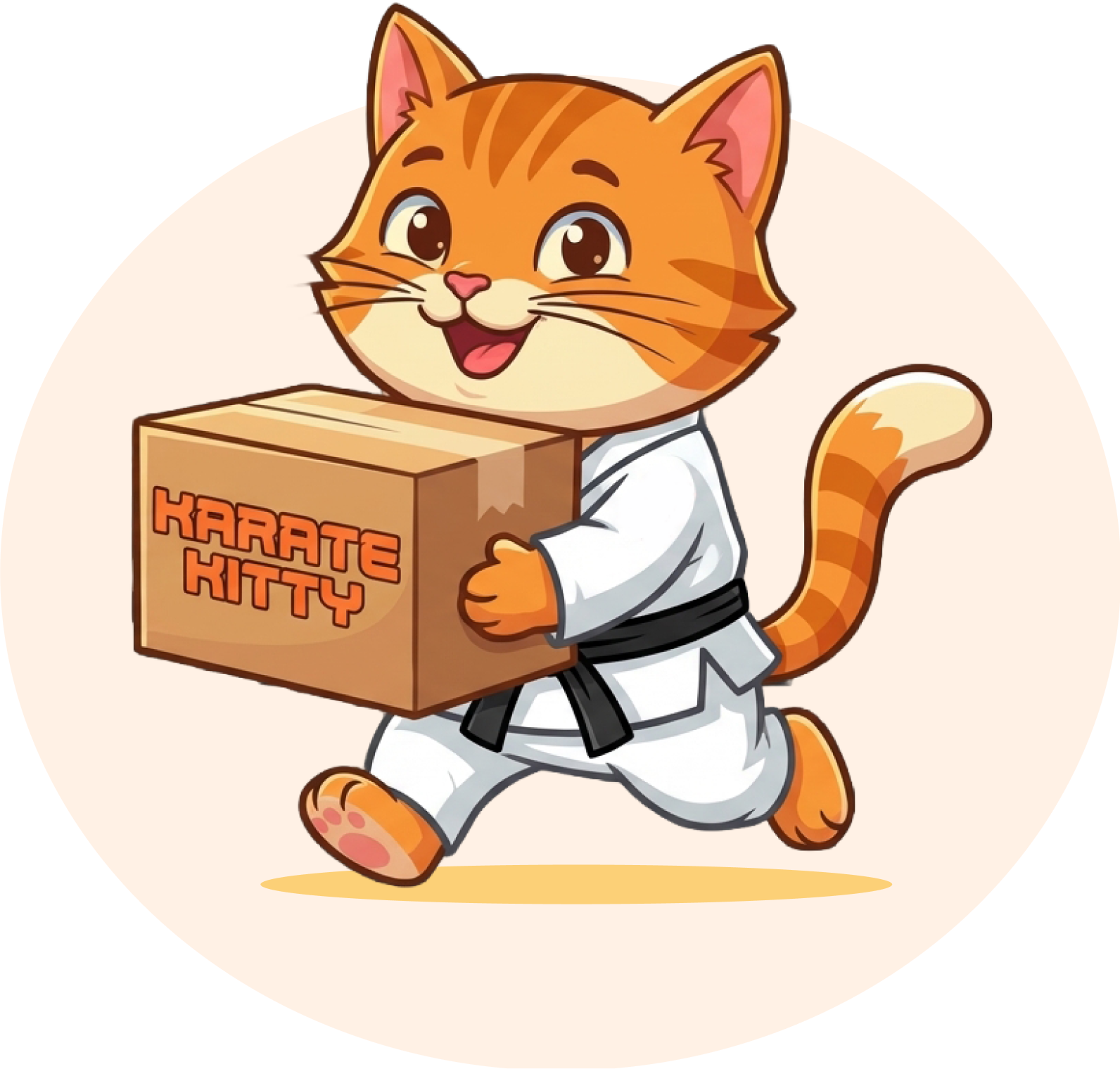 Karate Kitty mascot holding delivery box